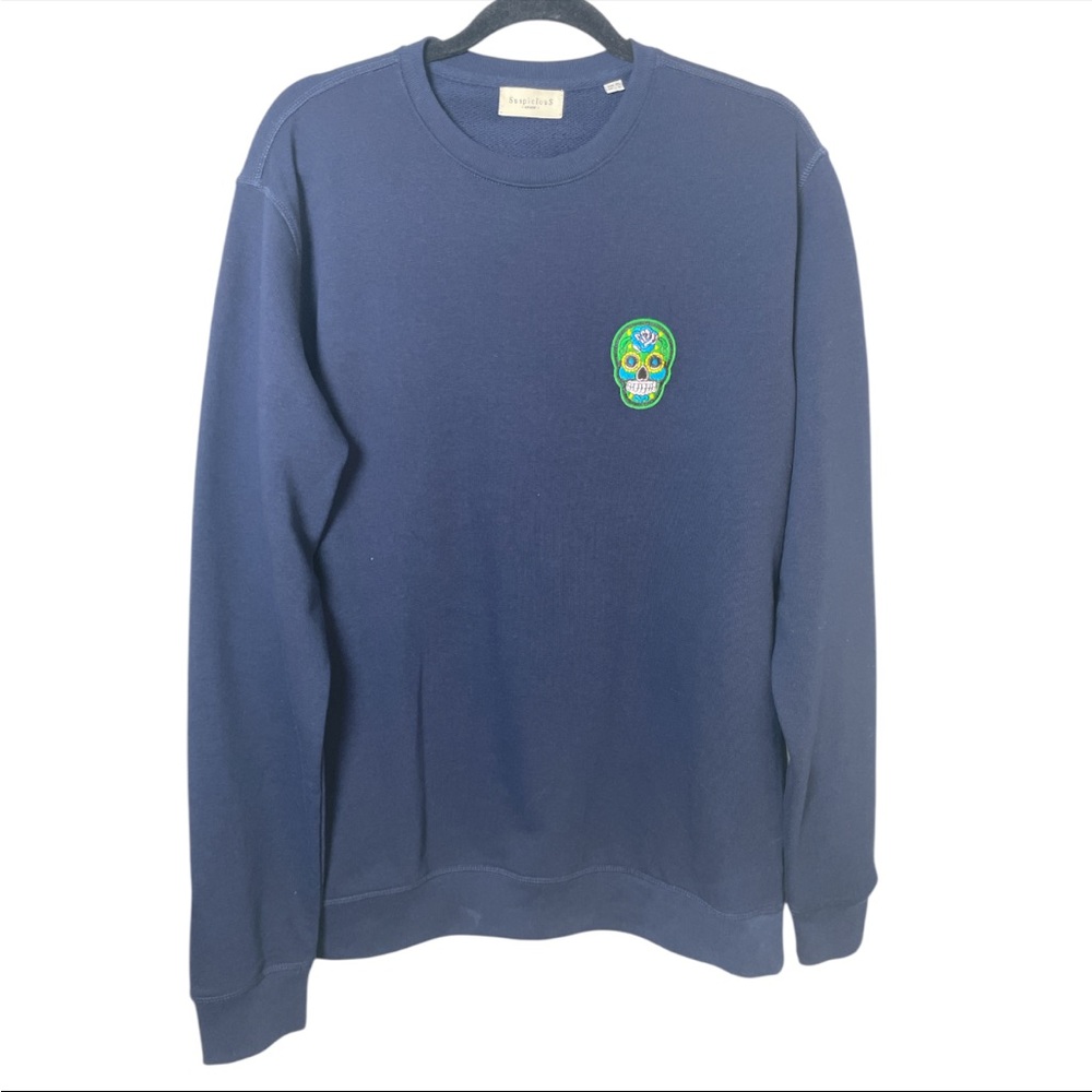 SUSPICIOUS ANTWERP SKULL NAVY BLUE CREW NECK SWEATSHIRT Men’s Size US Large
